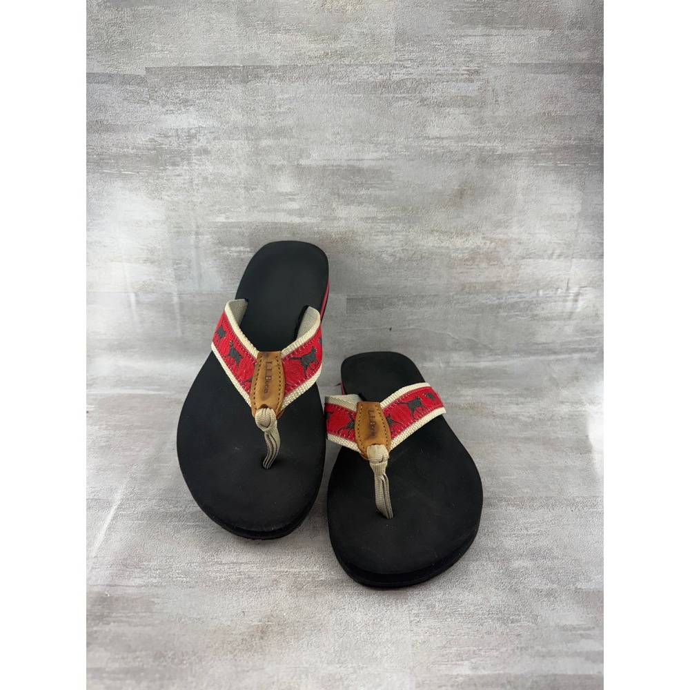 LL Bean Women Black Red Dog Motif Flip Flop Sandals Size 7 254868